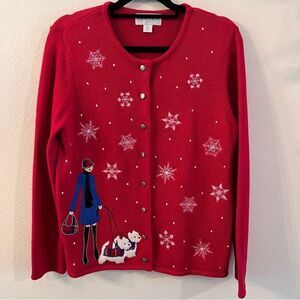Casual Corner Annex Sweater Sz LP Large P Button Front Scottie Dogs Snowflakes